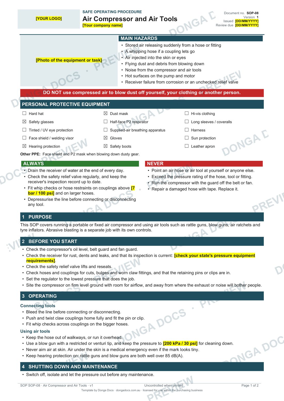 Preview of page 1 of the Air Compressor and Air Tools SOP