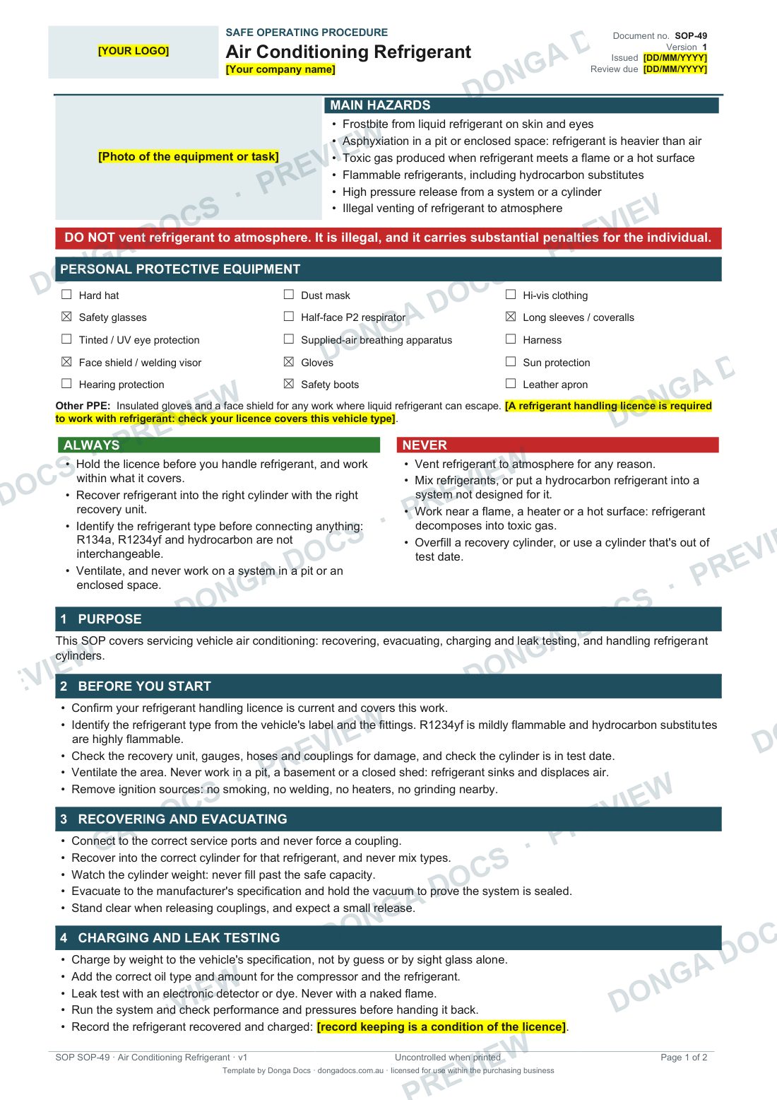 Preview of page 1 of the Air Conditioning Refrigerant SOP