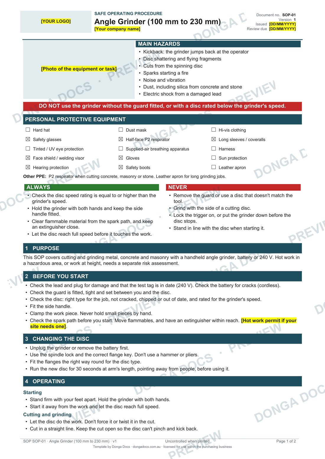 Preview of page 1 of the Angle Grinder (100 mm to 230 mm) SOP