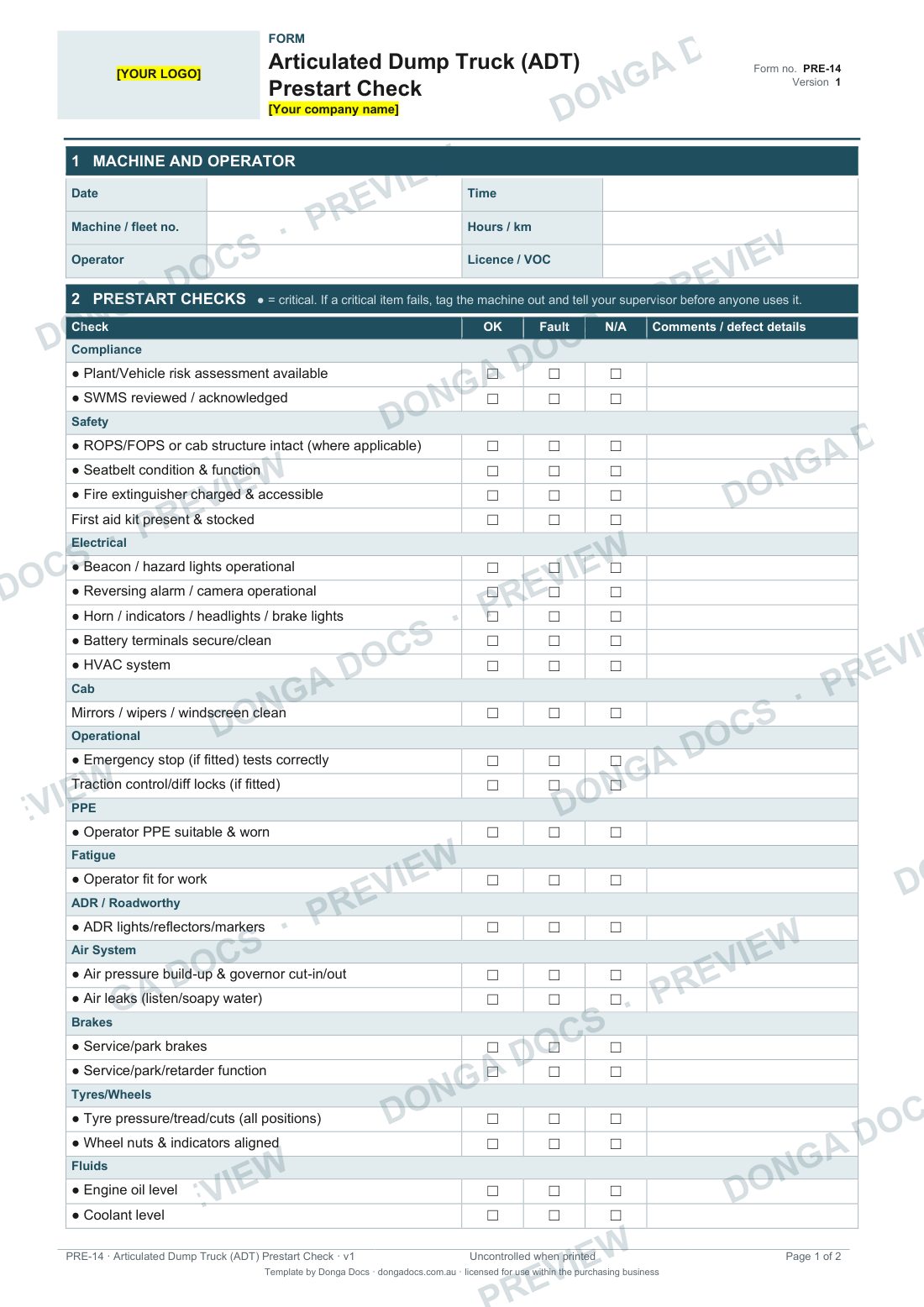 Preview of page 1 of the Articulated Dump Truck (ADT) Prestart Check