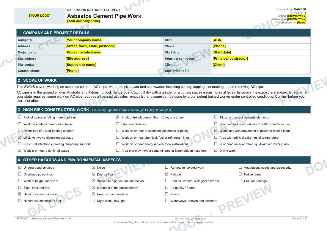 Preview of page 1 of the Asbestos Cement Pipe Work