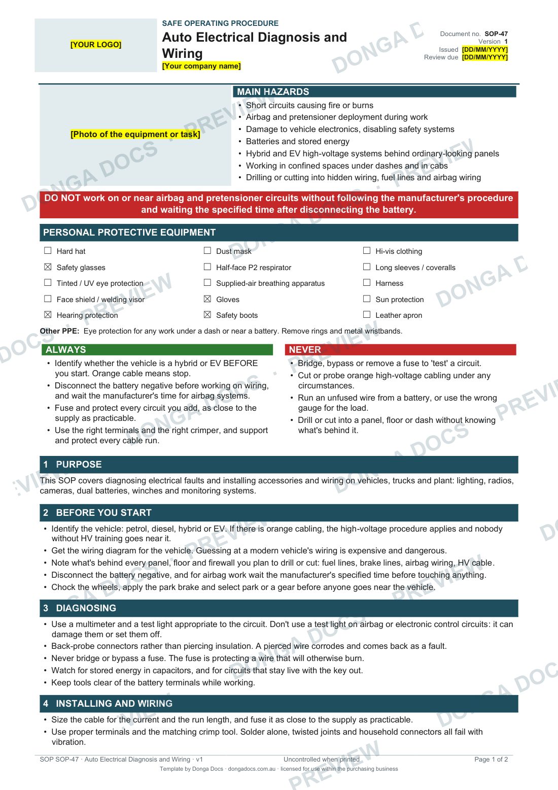 Preview of page 1 of the Auto Electrical Diagnosis and Wiring SOP