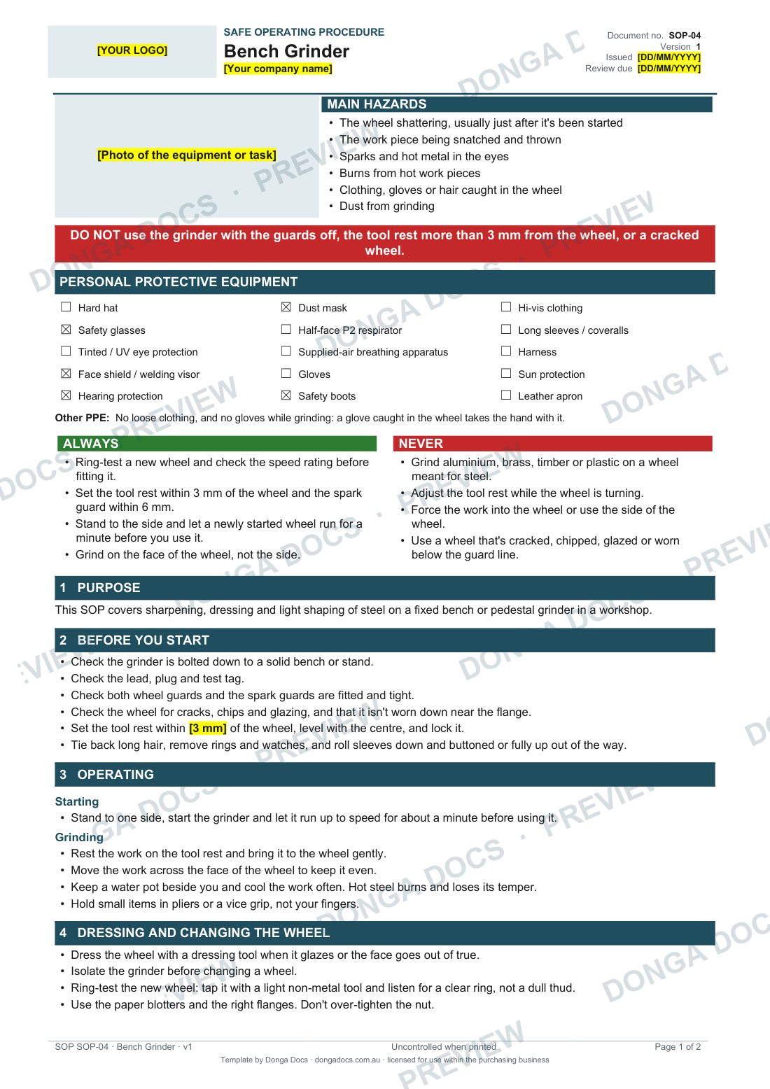 Preview of page 1 of the Bench Grinder SOP