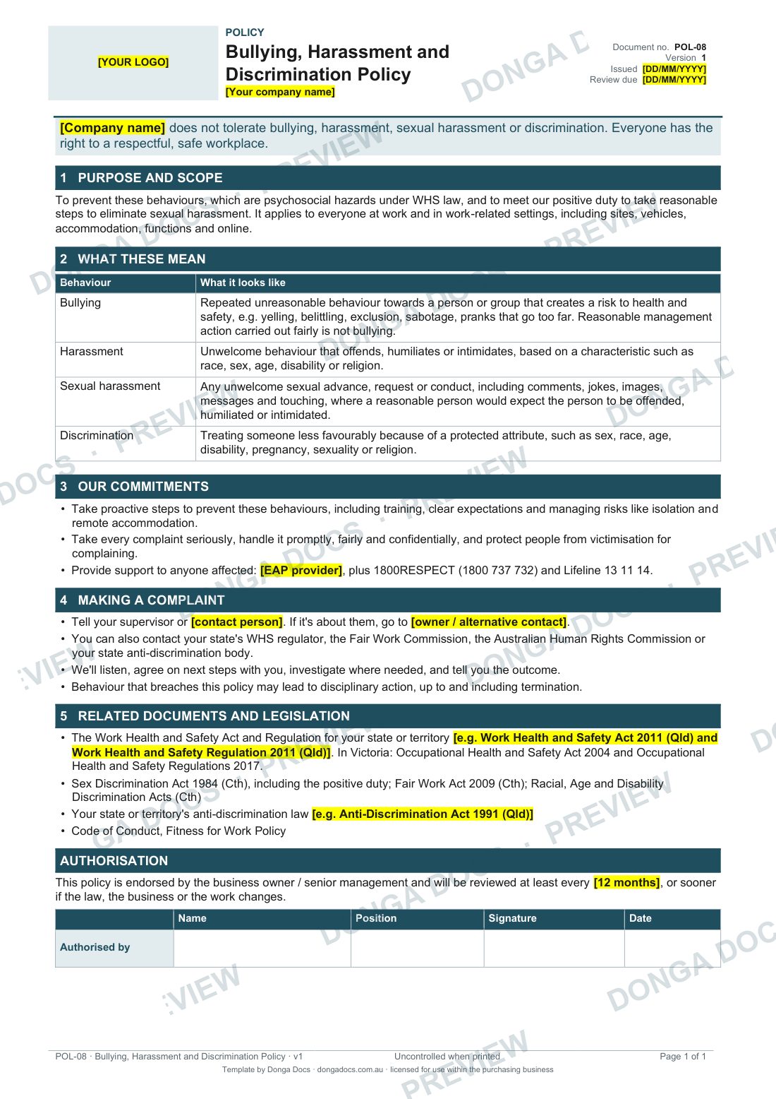 Preview of page 1 of the Bullying, Harassment and Discrimination Policy
