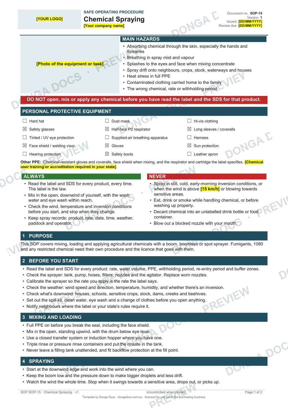 Preview of page 1 of the Chemical Spraying SOP