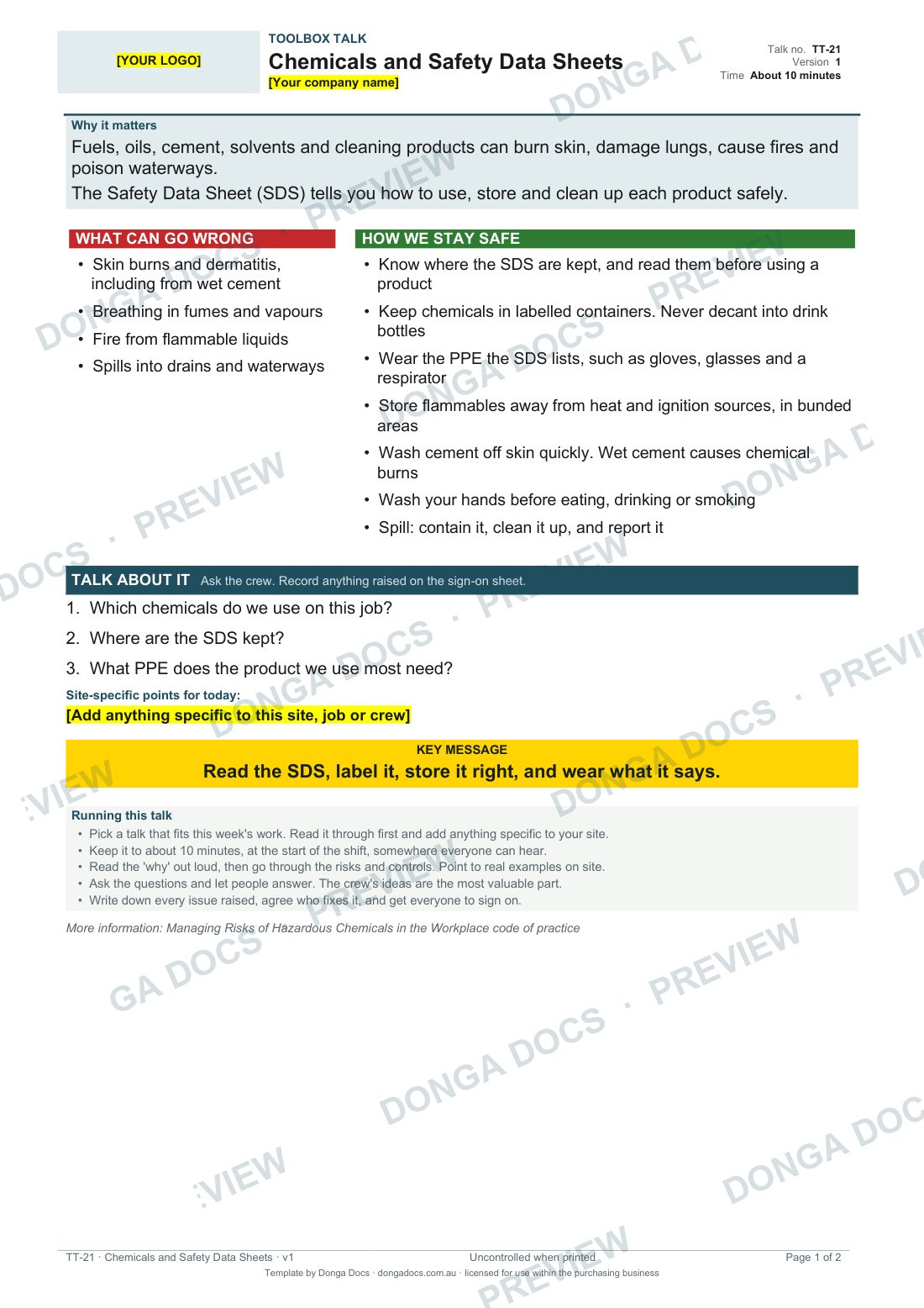 Preview of page 1 of the Chemicals and Safety Data Sheets