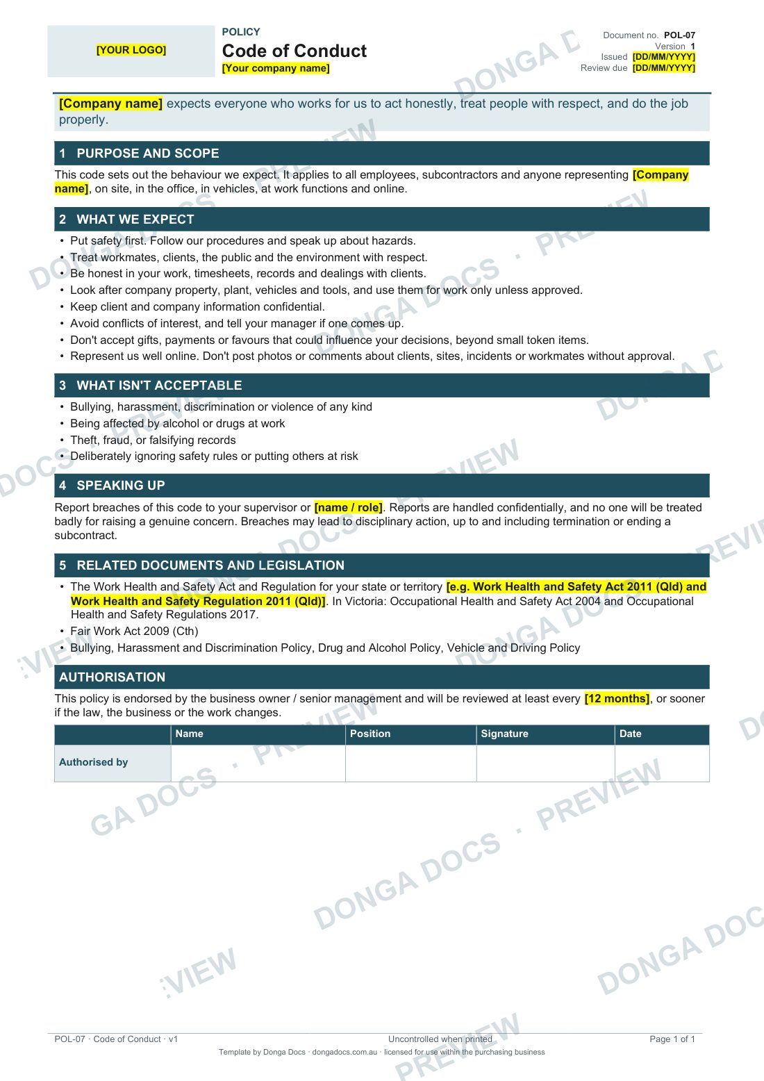 Preview of page 1 of the Code of Conduct