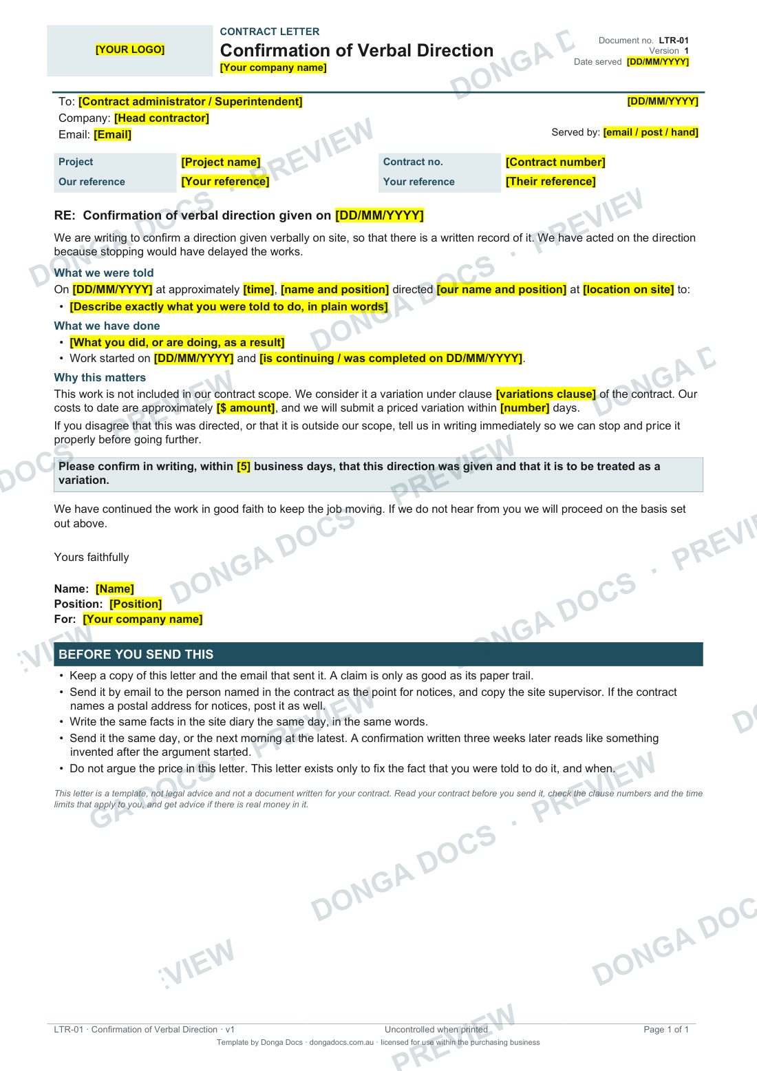 Preview of page 1 of the Confirmation of Verbal Direction