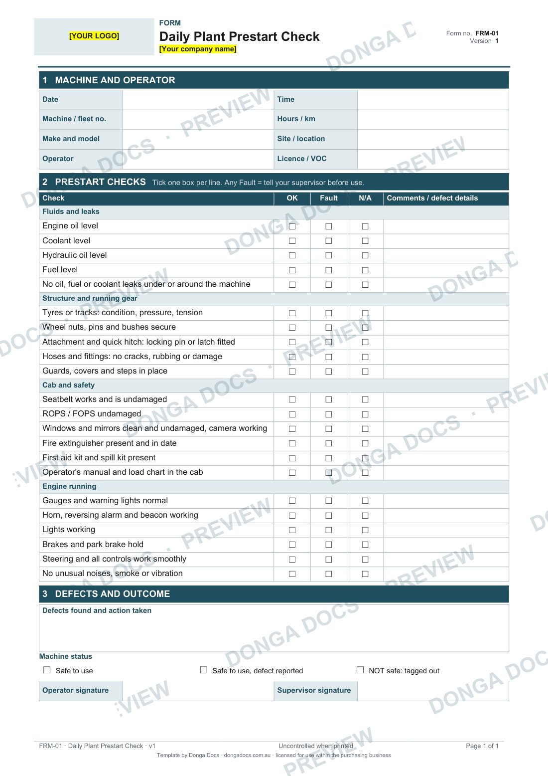Preview of page 1 of the Daily Plant Prestart Check