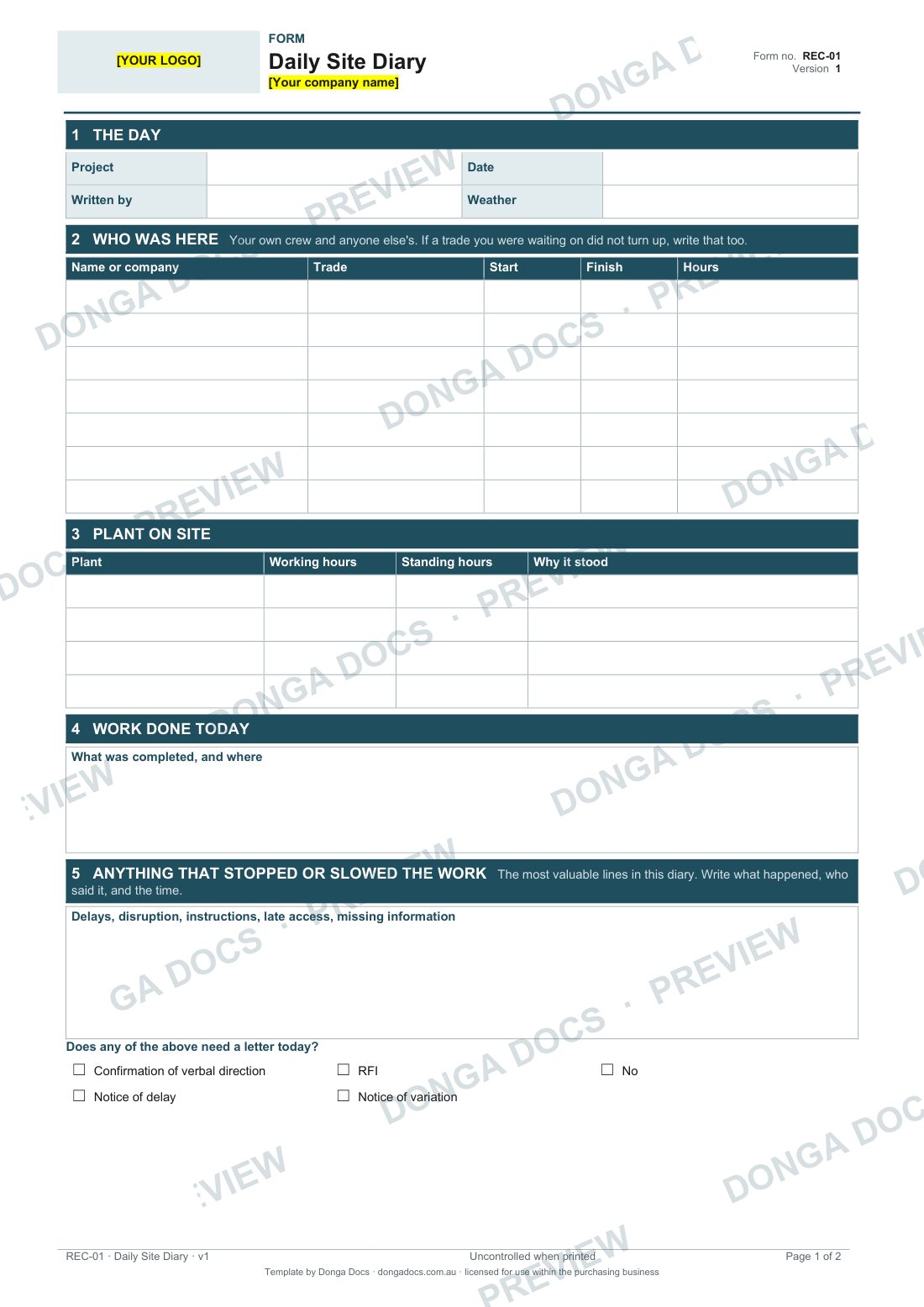 Preview of page 1 of the Daily Site Diary