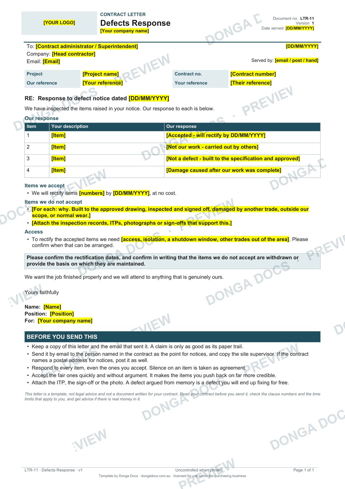 Preview of page 1 of the Defects Response