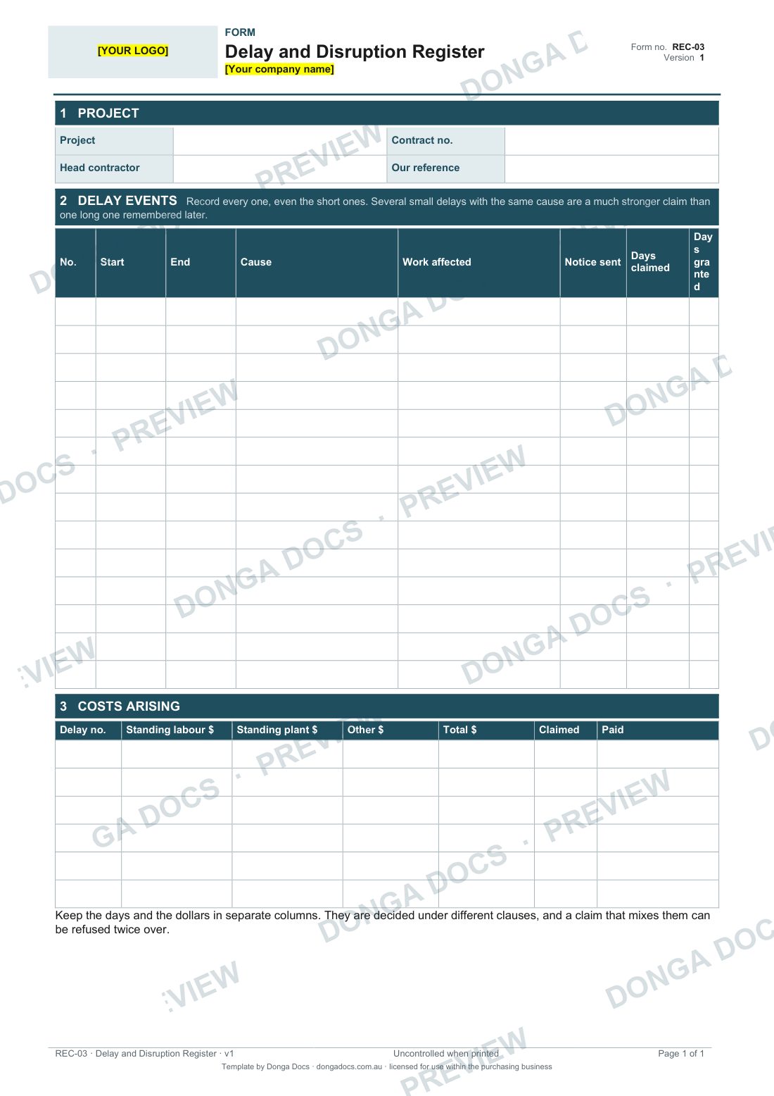 Preview of page 1 of the Delay and Disruption Register