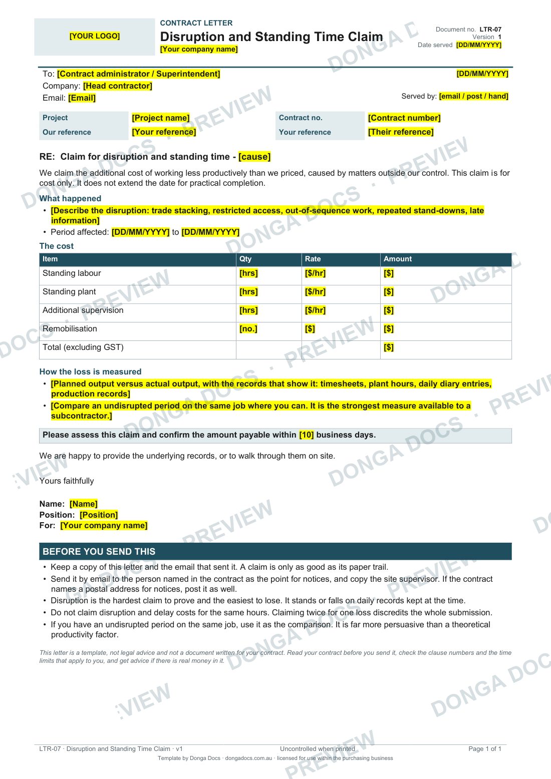 Preview of page 1 of the Disruption and Standing Time Claim