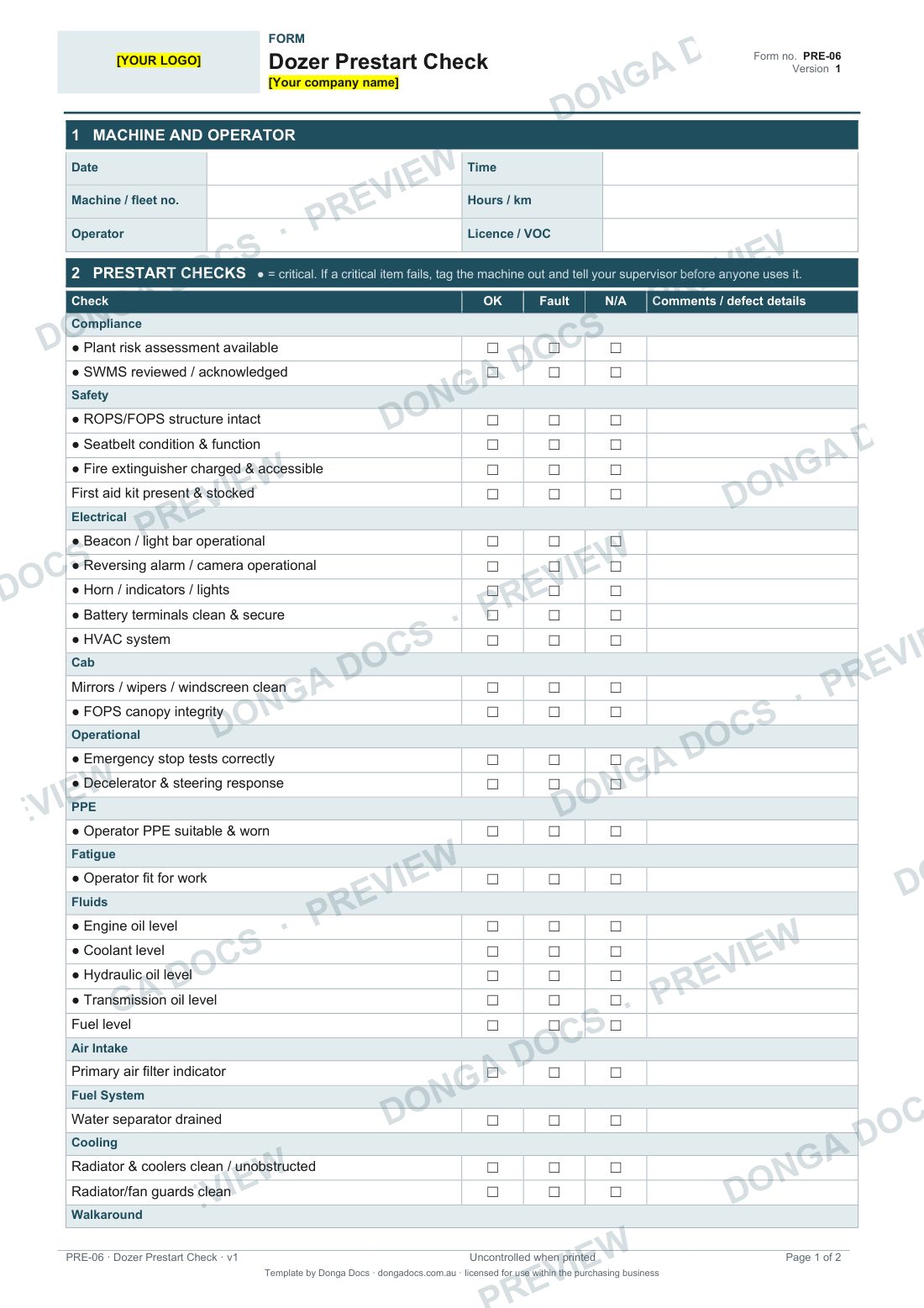 Preview of page 1 of the Dozer Prestart Check