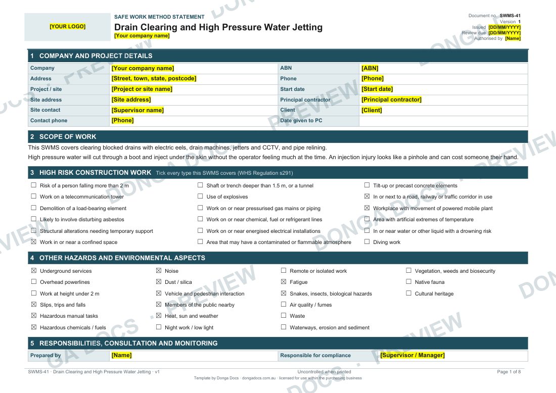 Preview of page 1 of the Drain Clearing and High Pressure Water Jetting