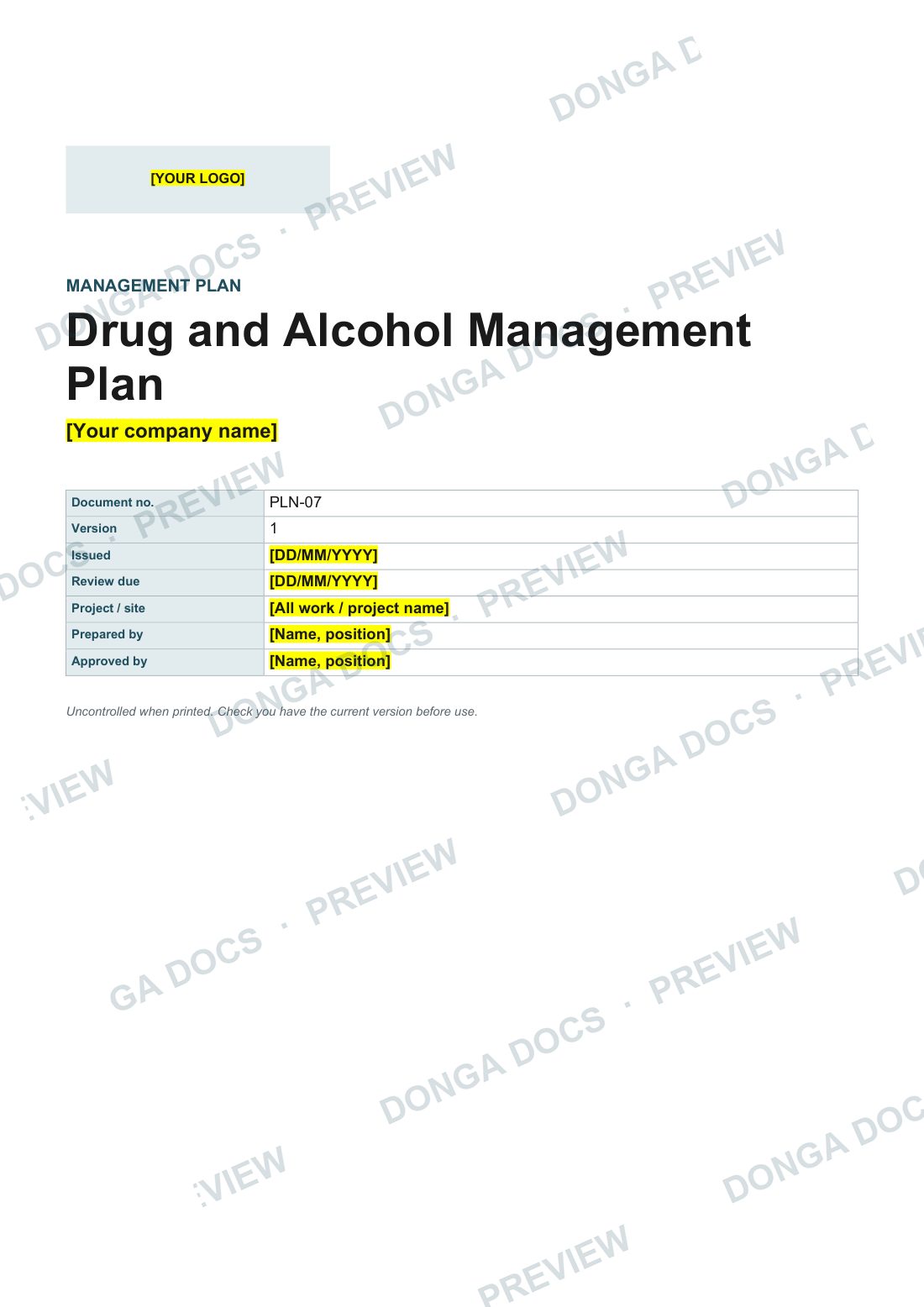Preview of page 1 of the Drug and Alcohol Management Plan