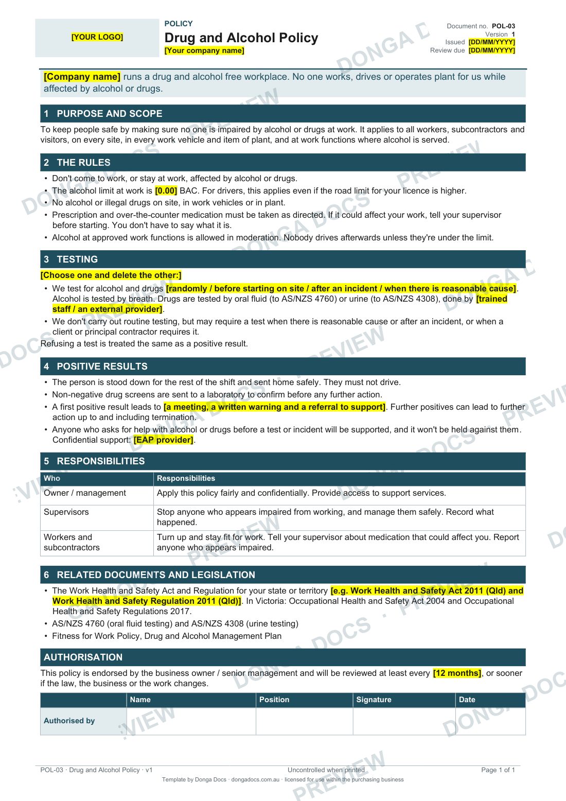 Preview of page 1 of the Drug and Alcohol Policy