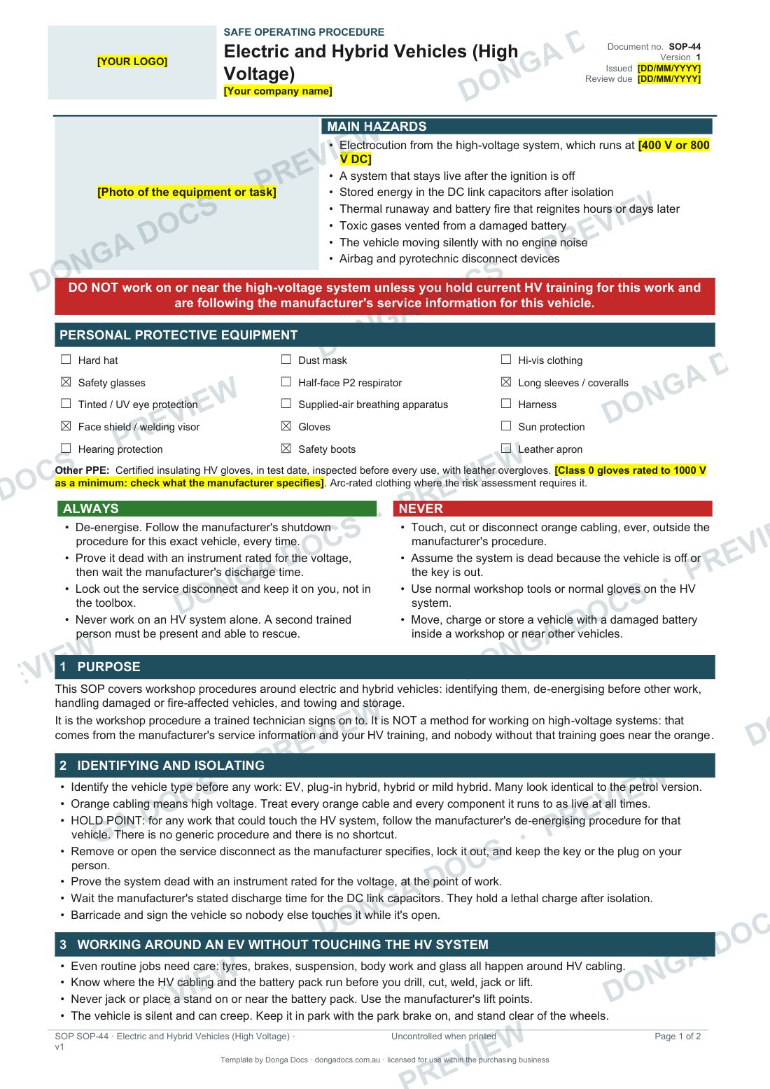 Preview of page 1 of the Electric and Hybrid Vehicles (High Voltage) SOP