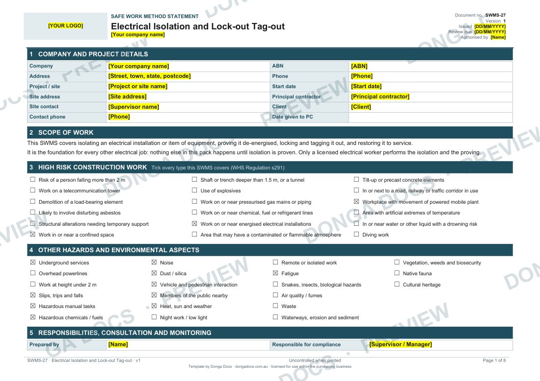 Preview of page 1 of the Electrical Isolation and Lock-out Tag-out