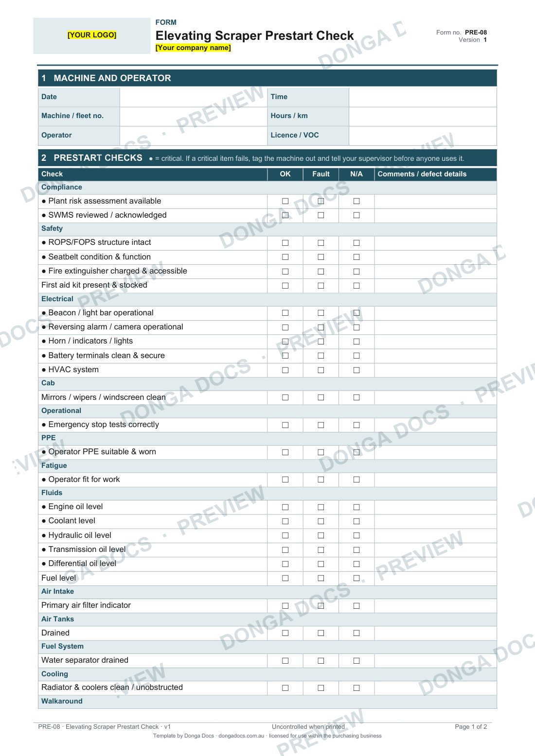 Preview of page 1 of the Elevating Scraper Prestart Check
