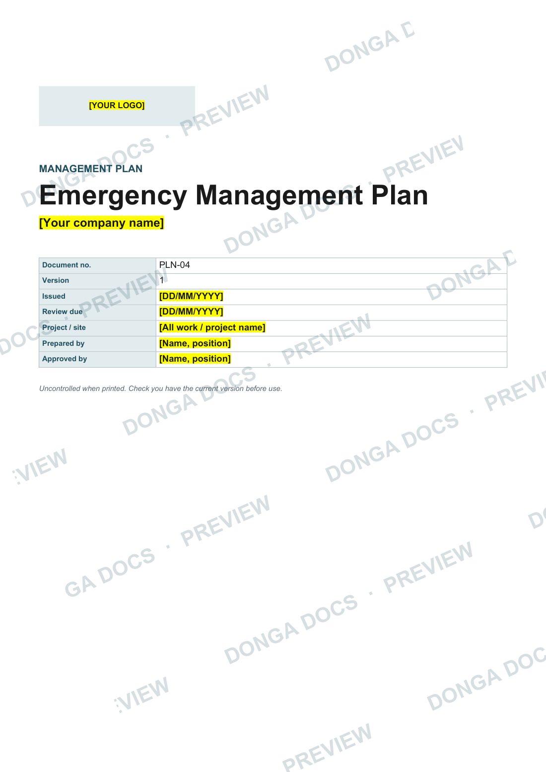 Preview of page 1 of the Emergency Management Plan