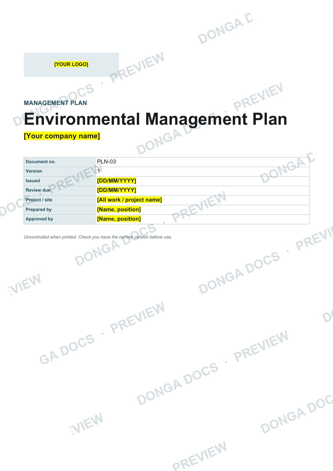 Preview of page 1 of the Environmental Management Plan
