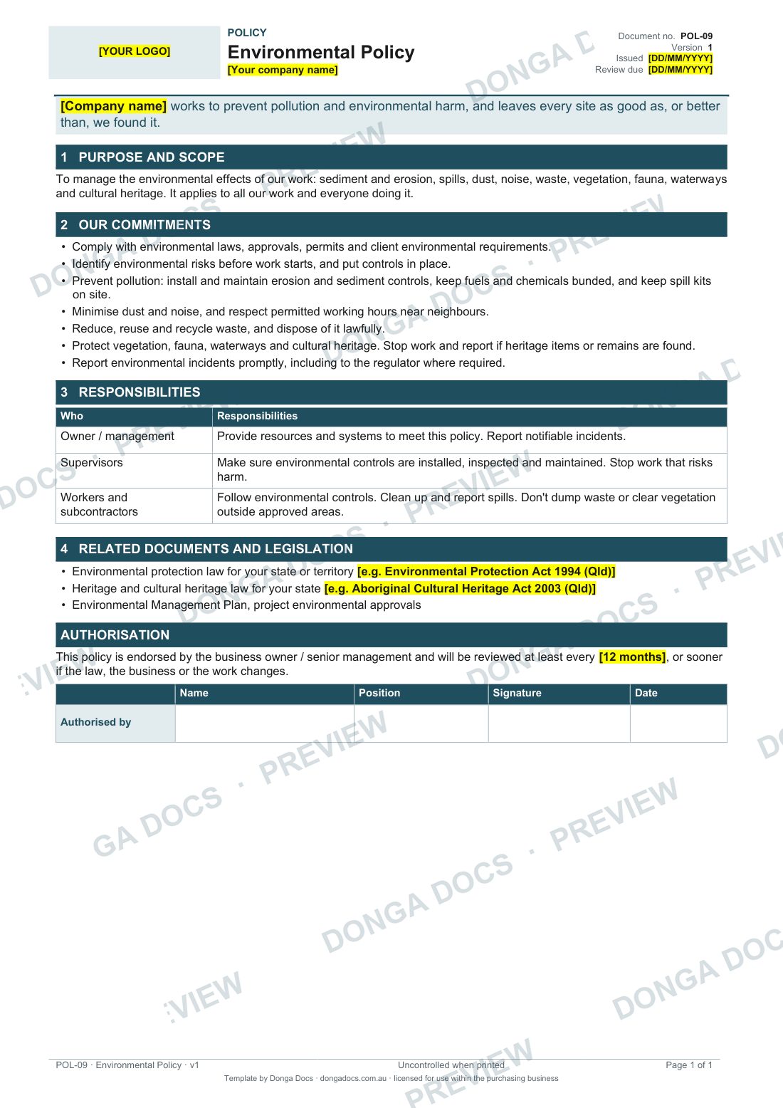Preview of page 1 of the Environmental Policy
