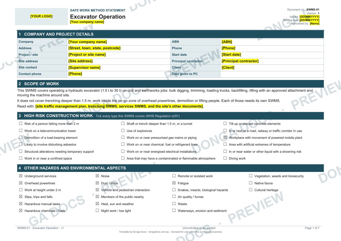 Preview of a template from the SWMS Pack: Plant Operation