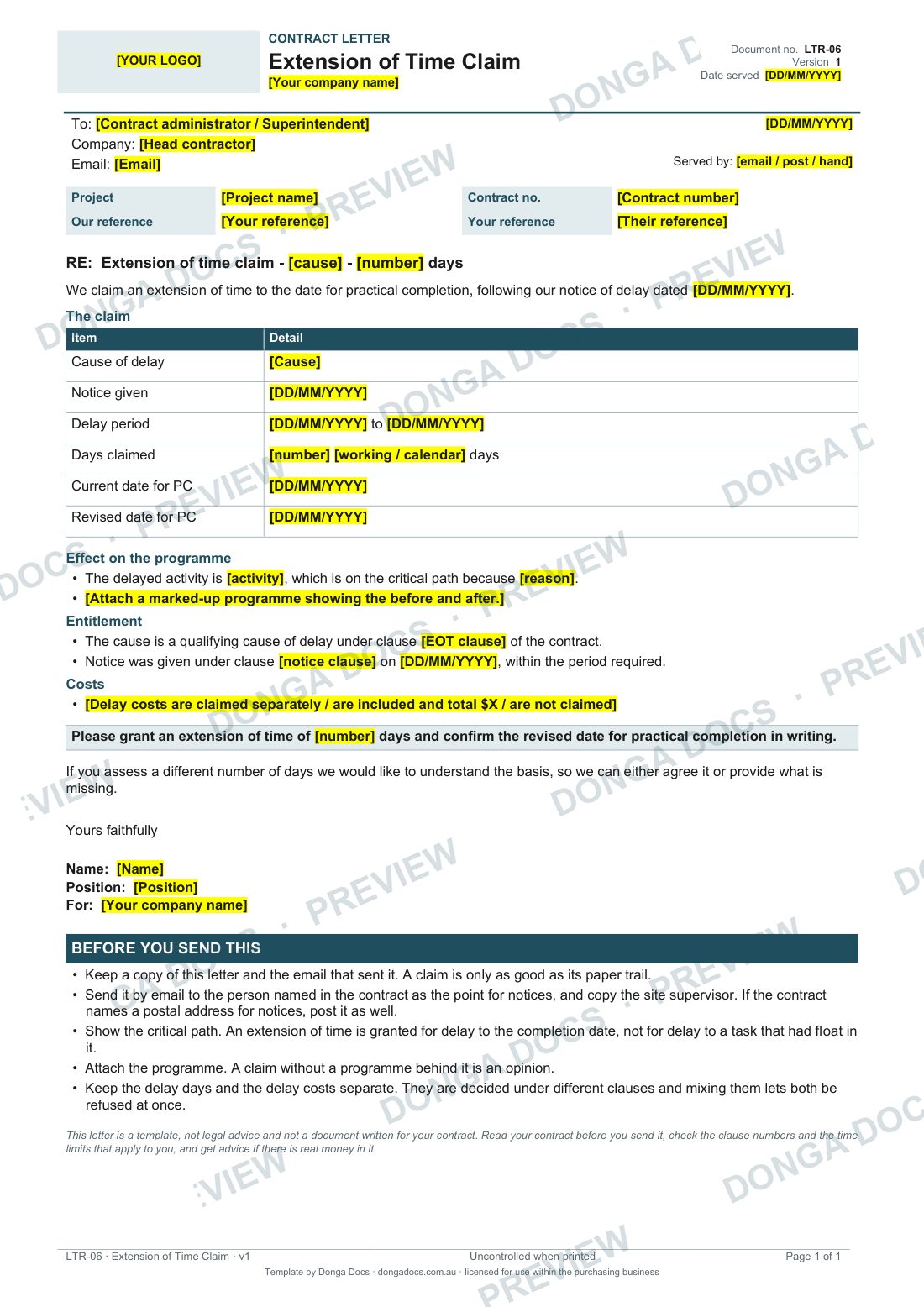 Preview of page 1 of the Extension of Time Claim