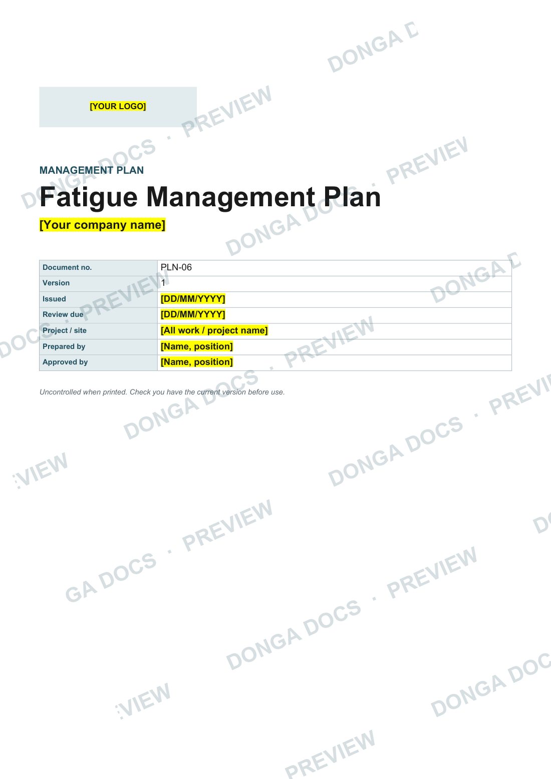 Preview of page 1 of the Fatigue Management Plan