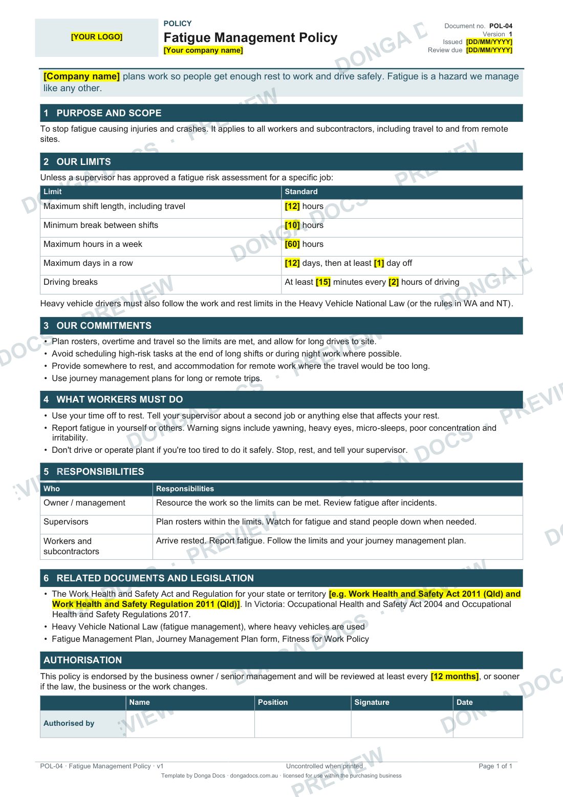 Preview of page 1 of the Fatigue Management Policy