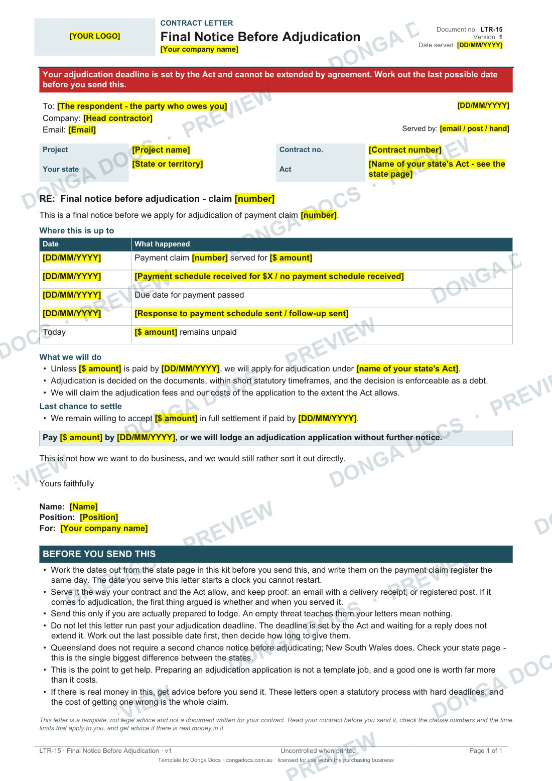 Preview of page 1 of the Final Notice Before Adjudication