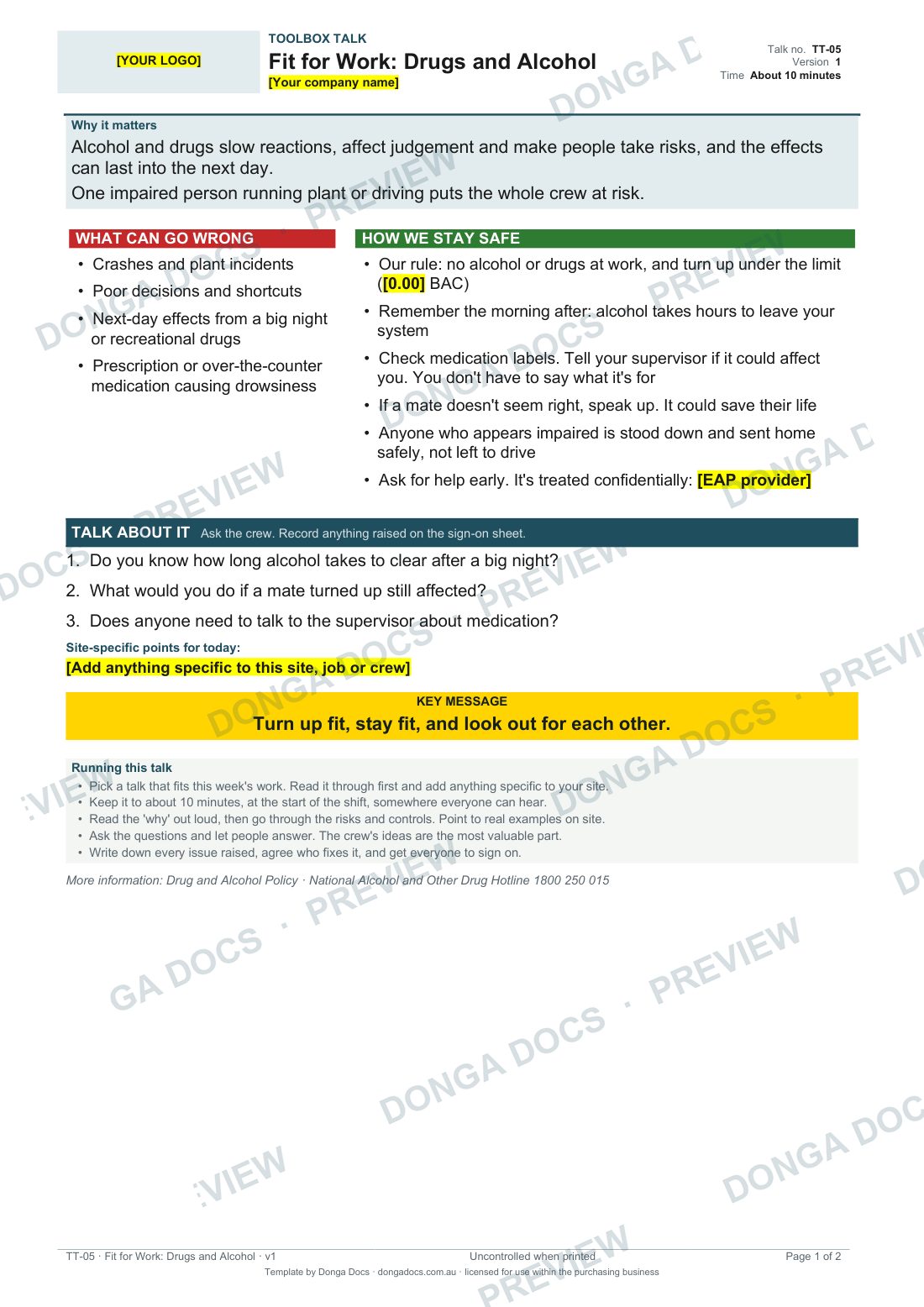 Preview of page 1 of the Fit for Work: Drugs and Alcohol