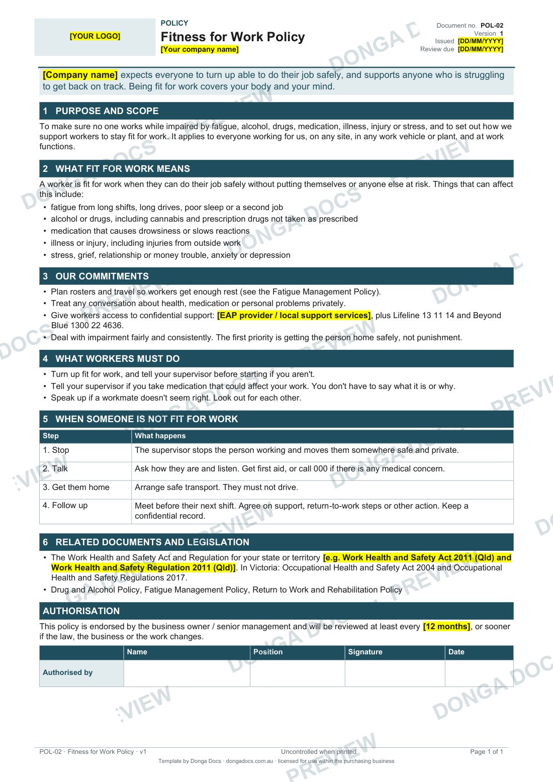 Preview of page 1 of the Fitness for Work Policy