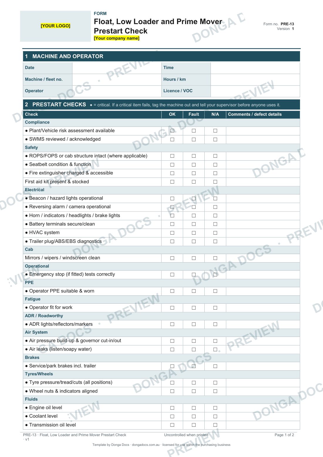 Preview of page 1 of the Float, Low Loader and Prime Mover Prestart Check