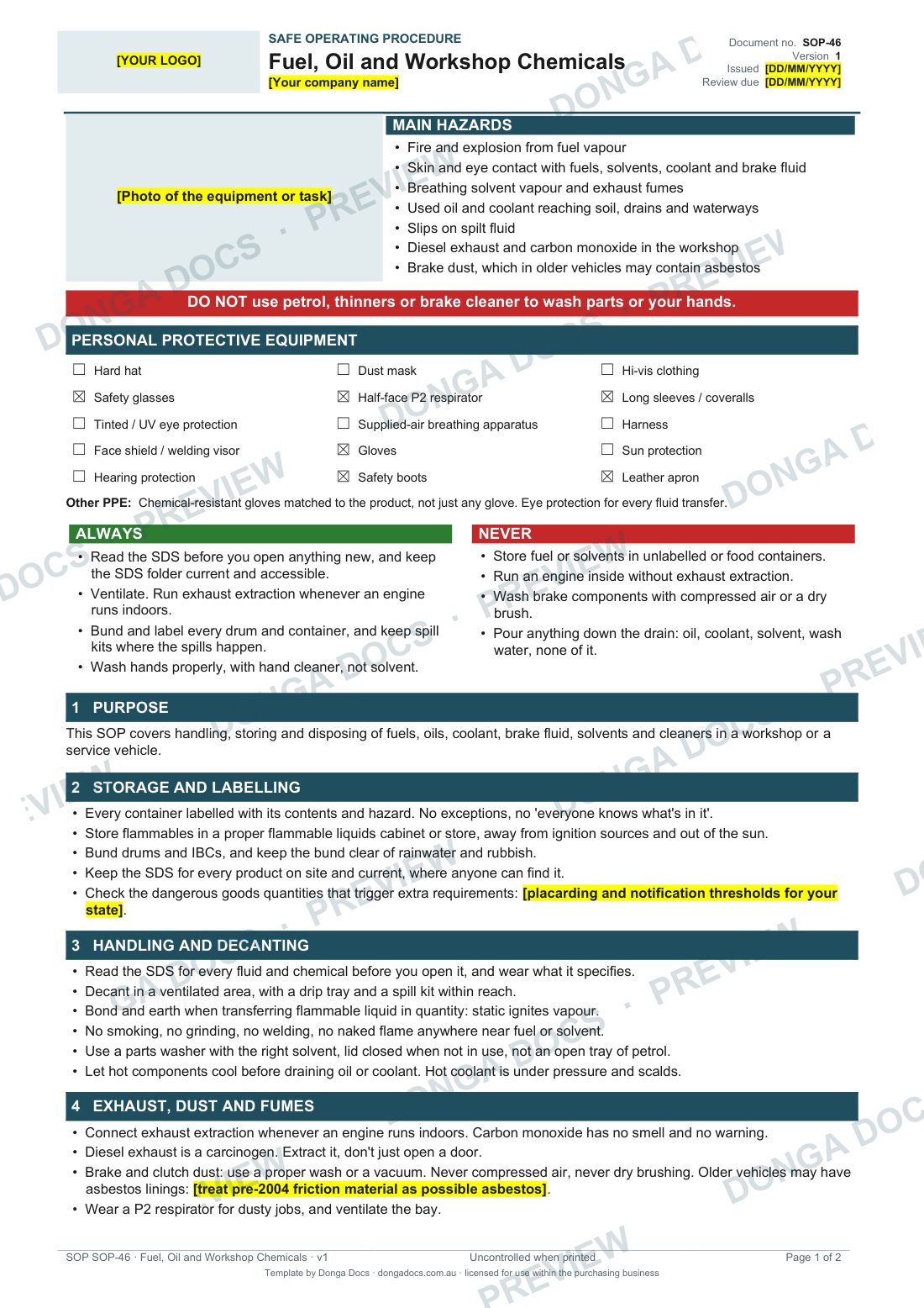 Preview of page 1 of the Fuel, Oil and Workshop Chemicals SOP