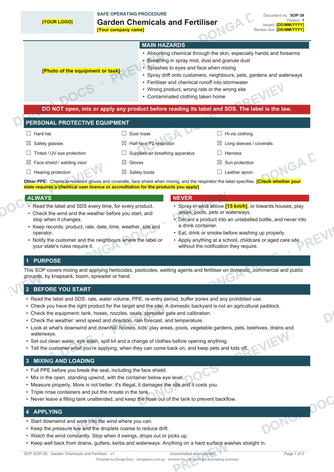 Preview of page 1 of the Garden Chemicals and Fertiliser SOP