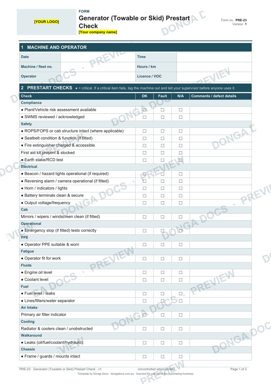 Preview of page 1 of the Generator (Towable or Skid) Prestart Check