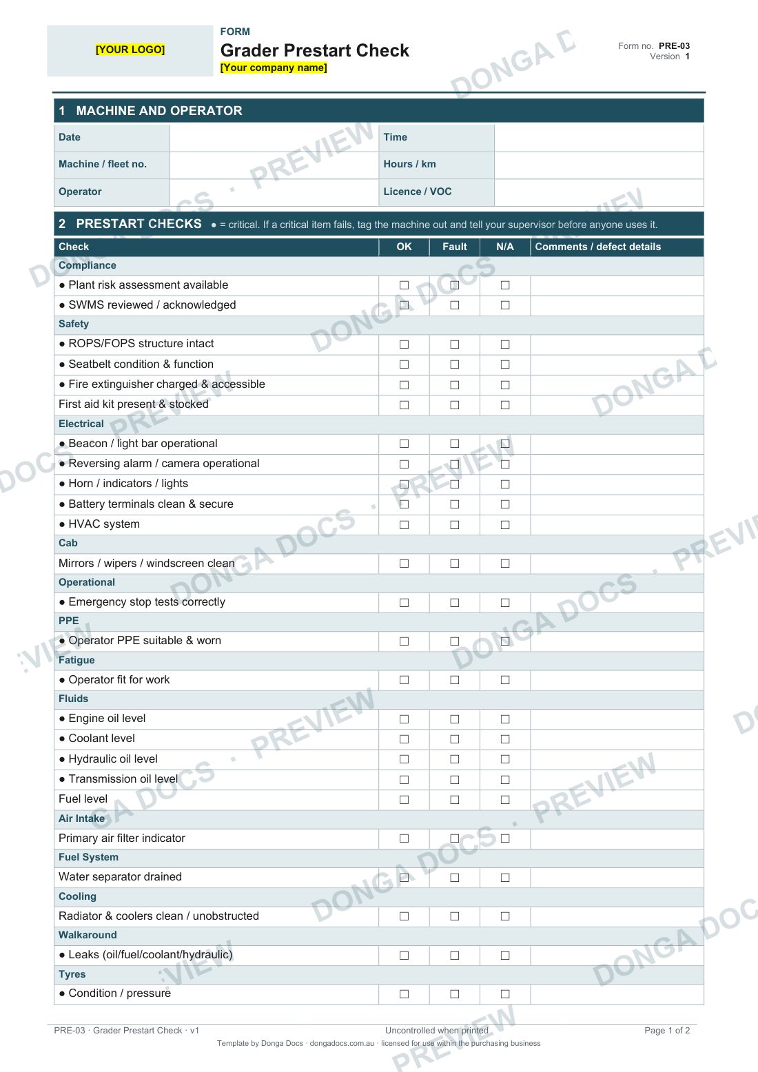Preview of page 1 of the Grader Prestart Check