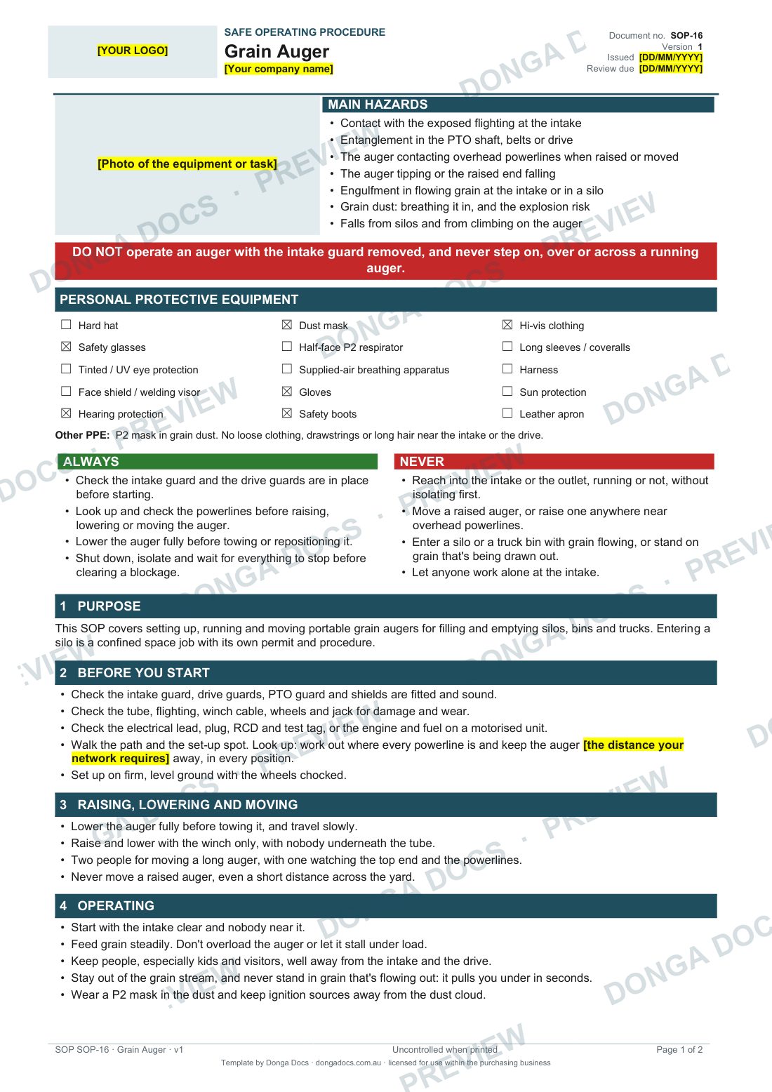 Preview of page 1 of the Grain Auger SOP