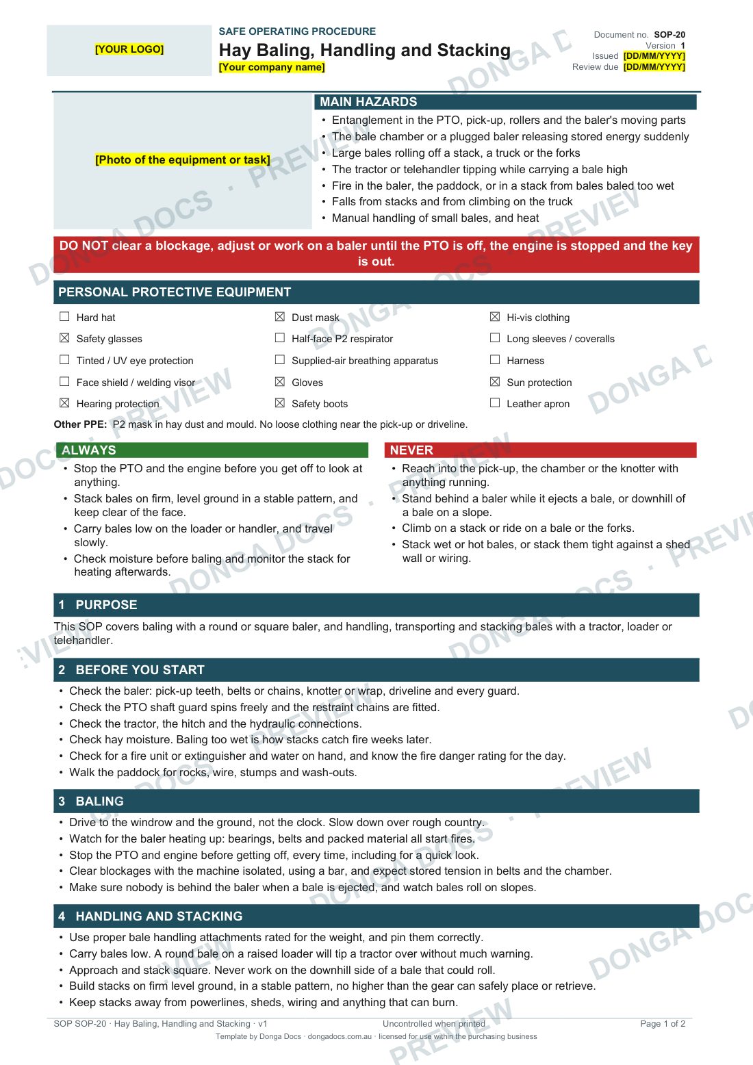 Preview of page 1 of the Hay Baling, Handling and Stacking SOP