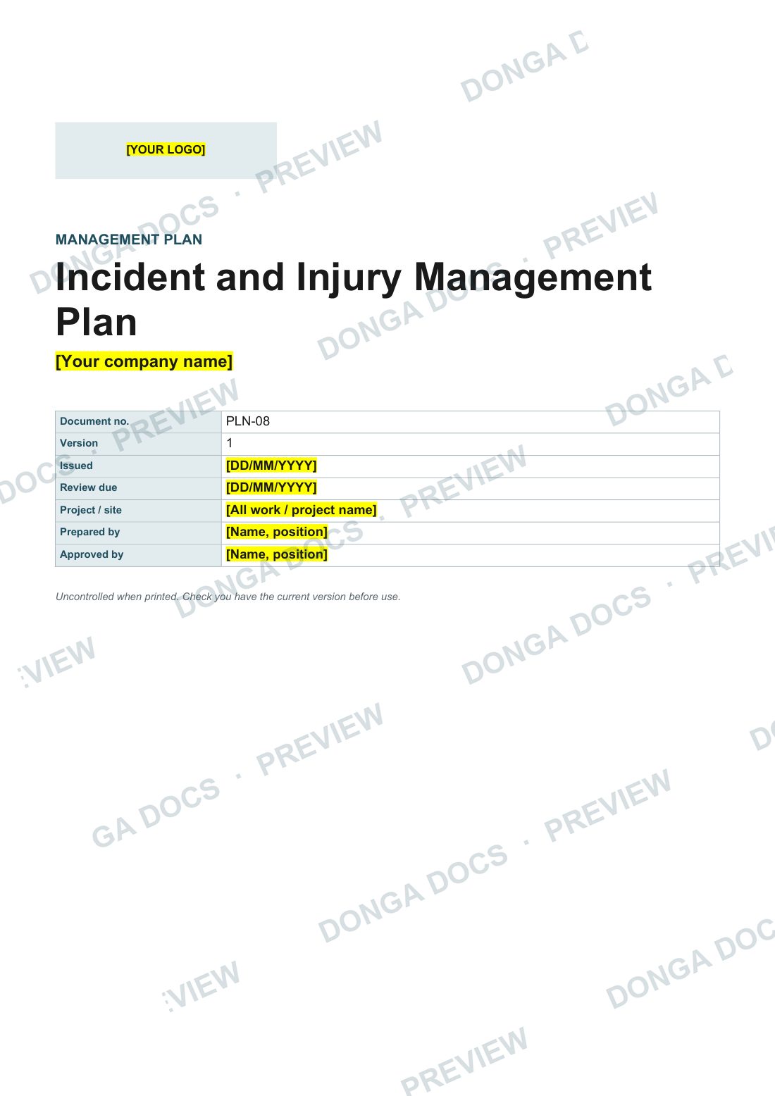 Preview of page 1 of the Incident and Injury Management Plan