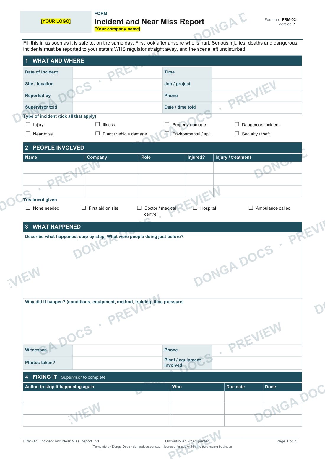 Preview of page 1 of the Incident and Near Miss Report