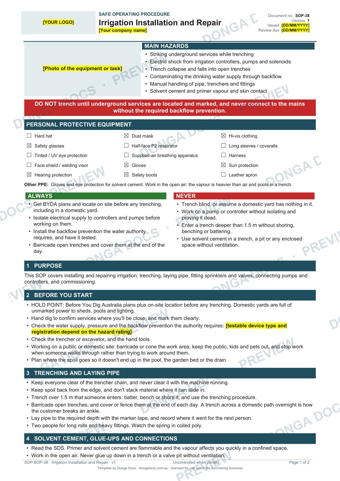 Preview of page 1 of the Irrigation Installation and Repair SOP