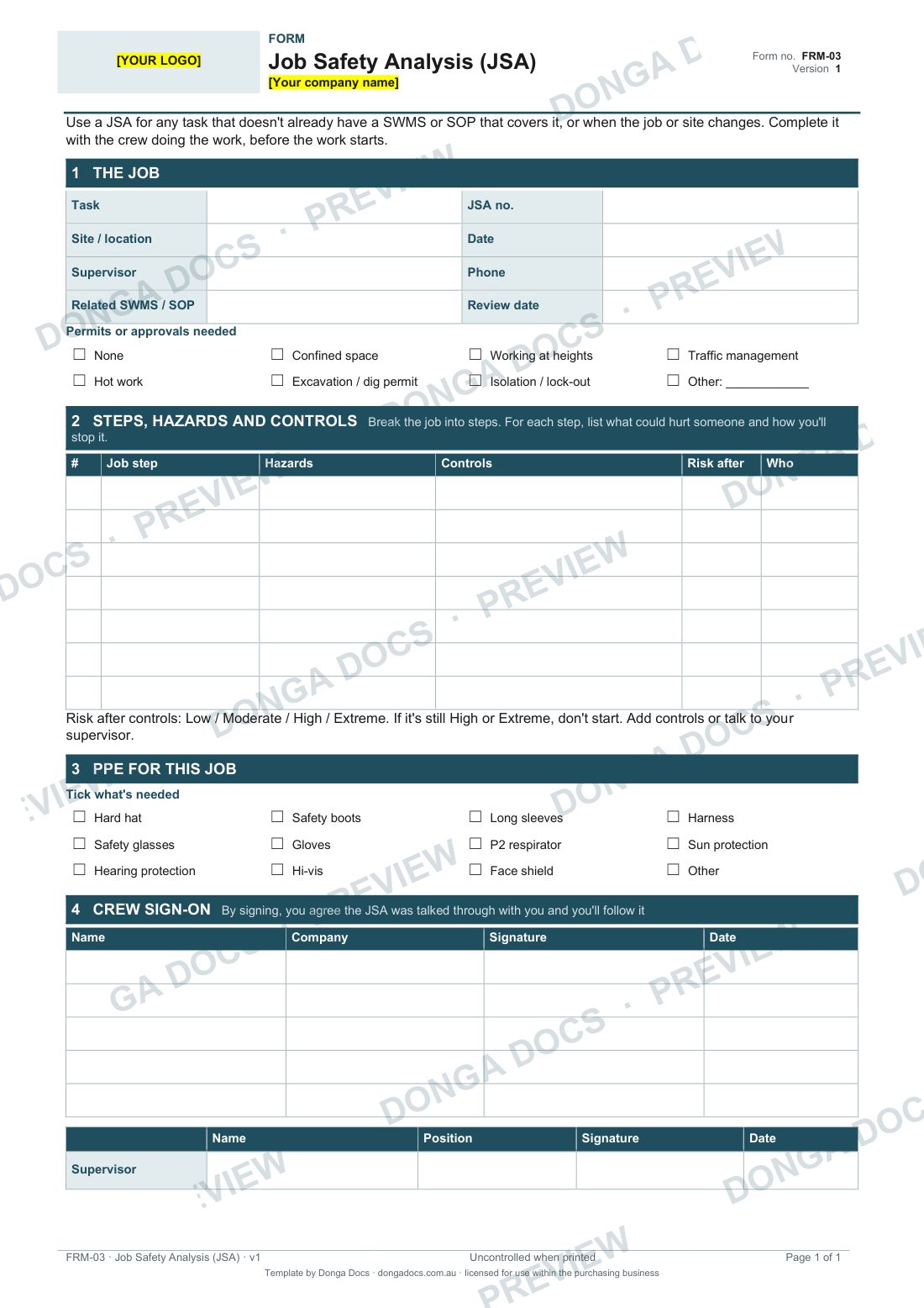 Preview of page 1 of the Job Safety Analysis (JSA)