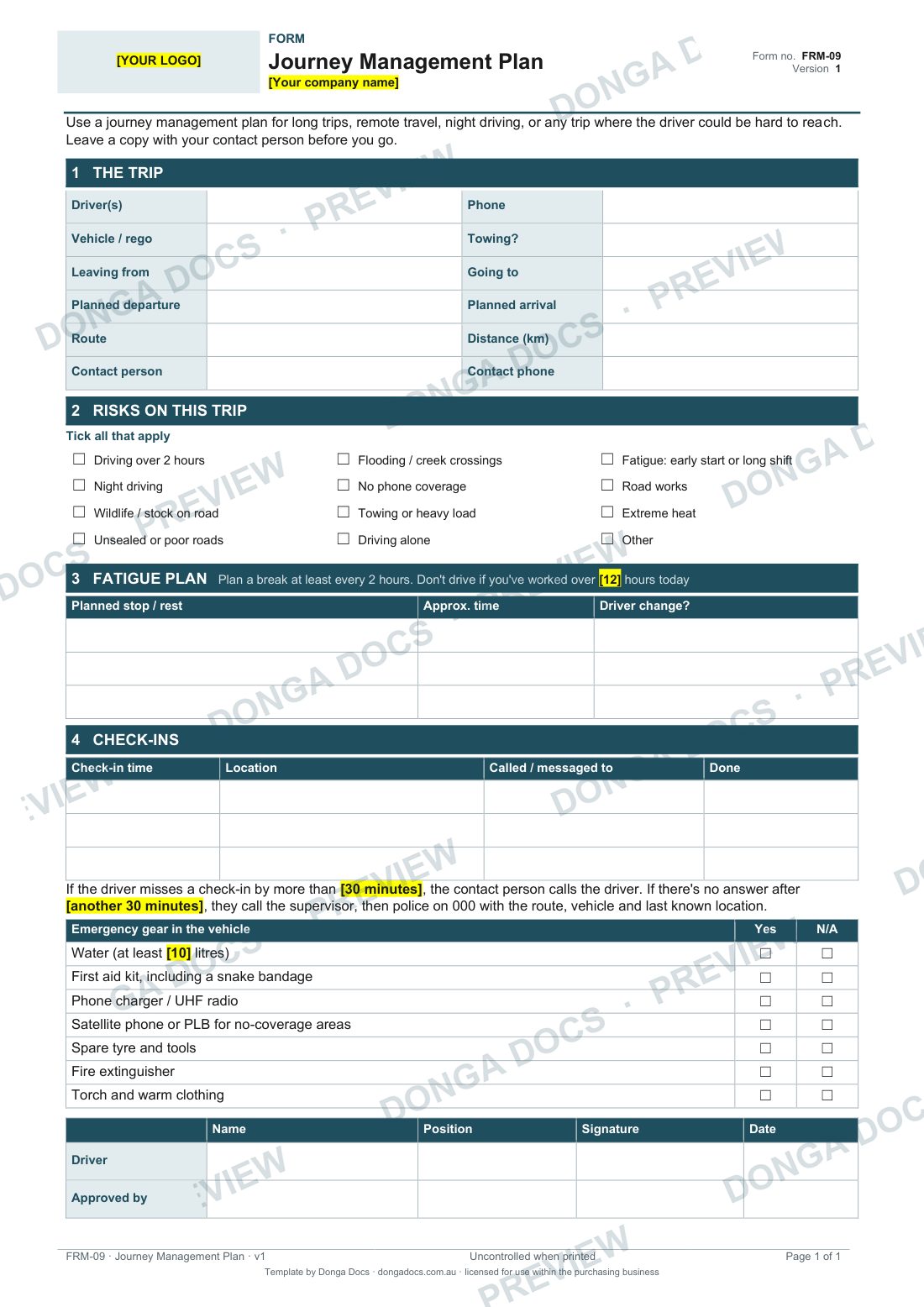 Preview of page 1 of the Journey Management Plan