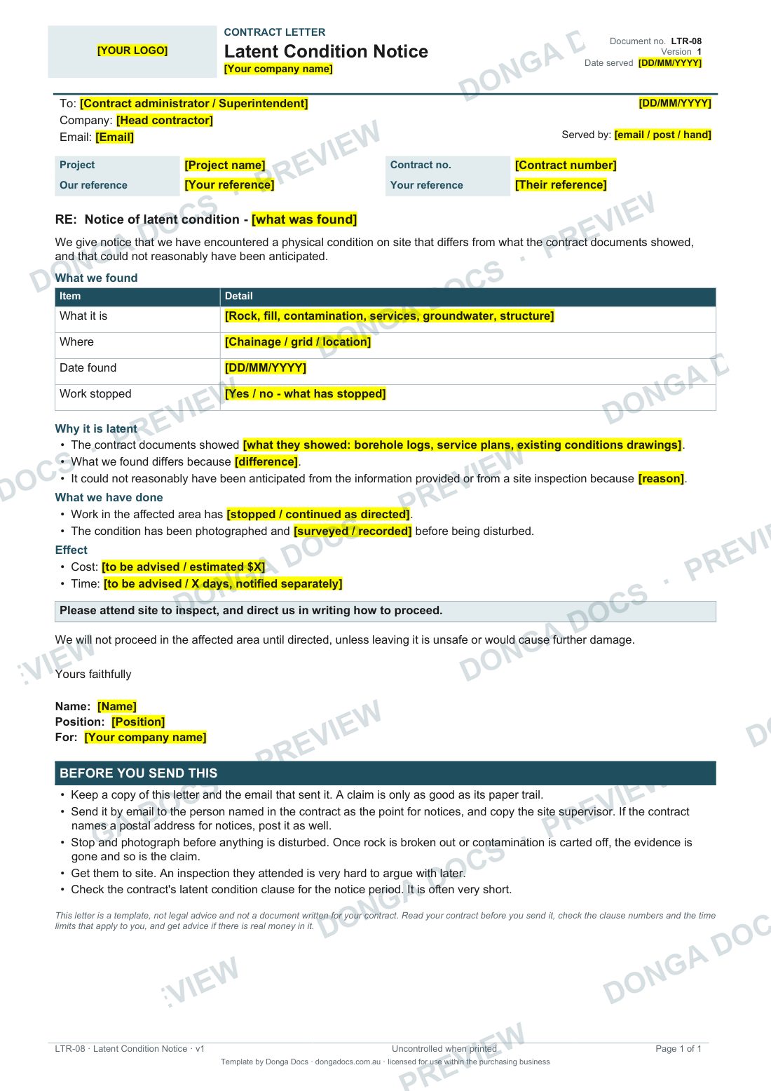 Preview of page 1 of the Latent Condition Notice