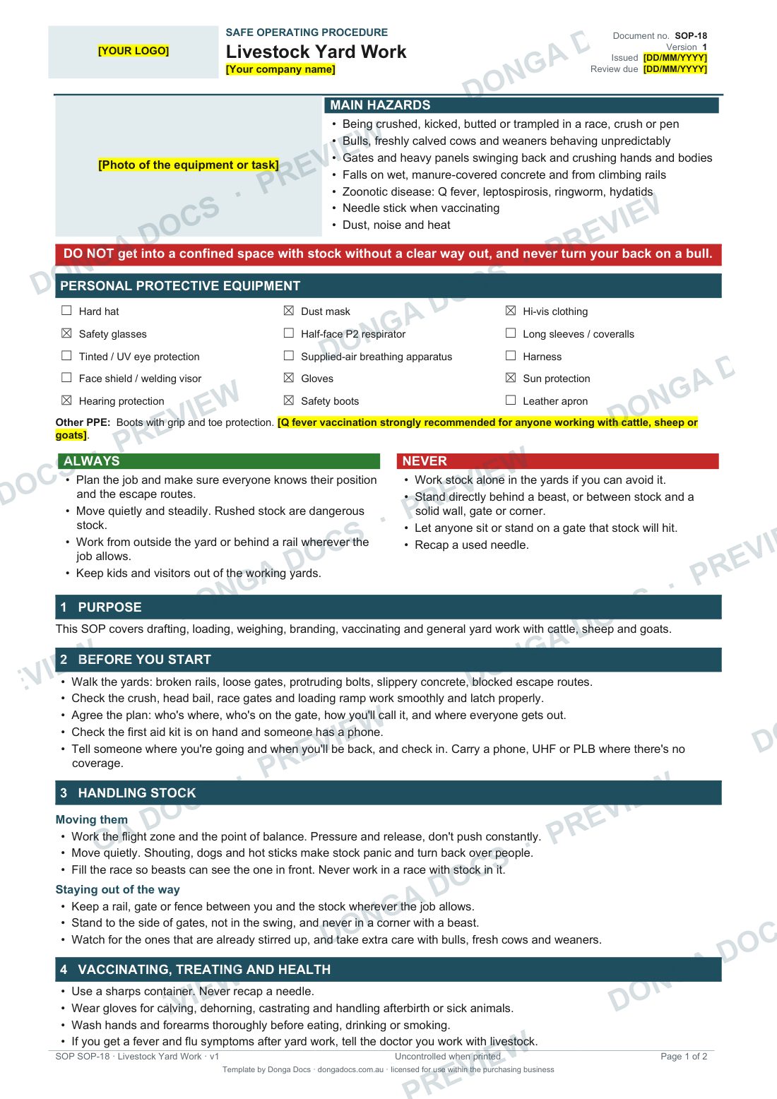 Preview of page 1 of the Livestock Yard Work SOP