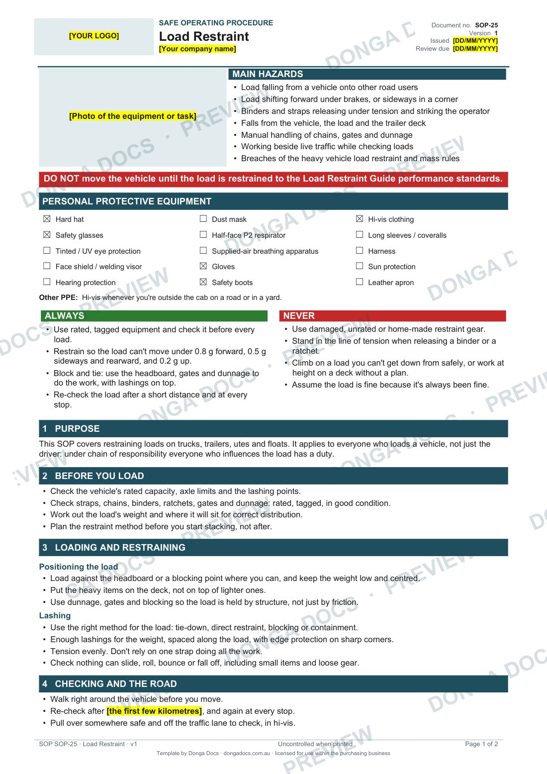 Preview of page 1 of the Load Restraint SOP