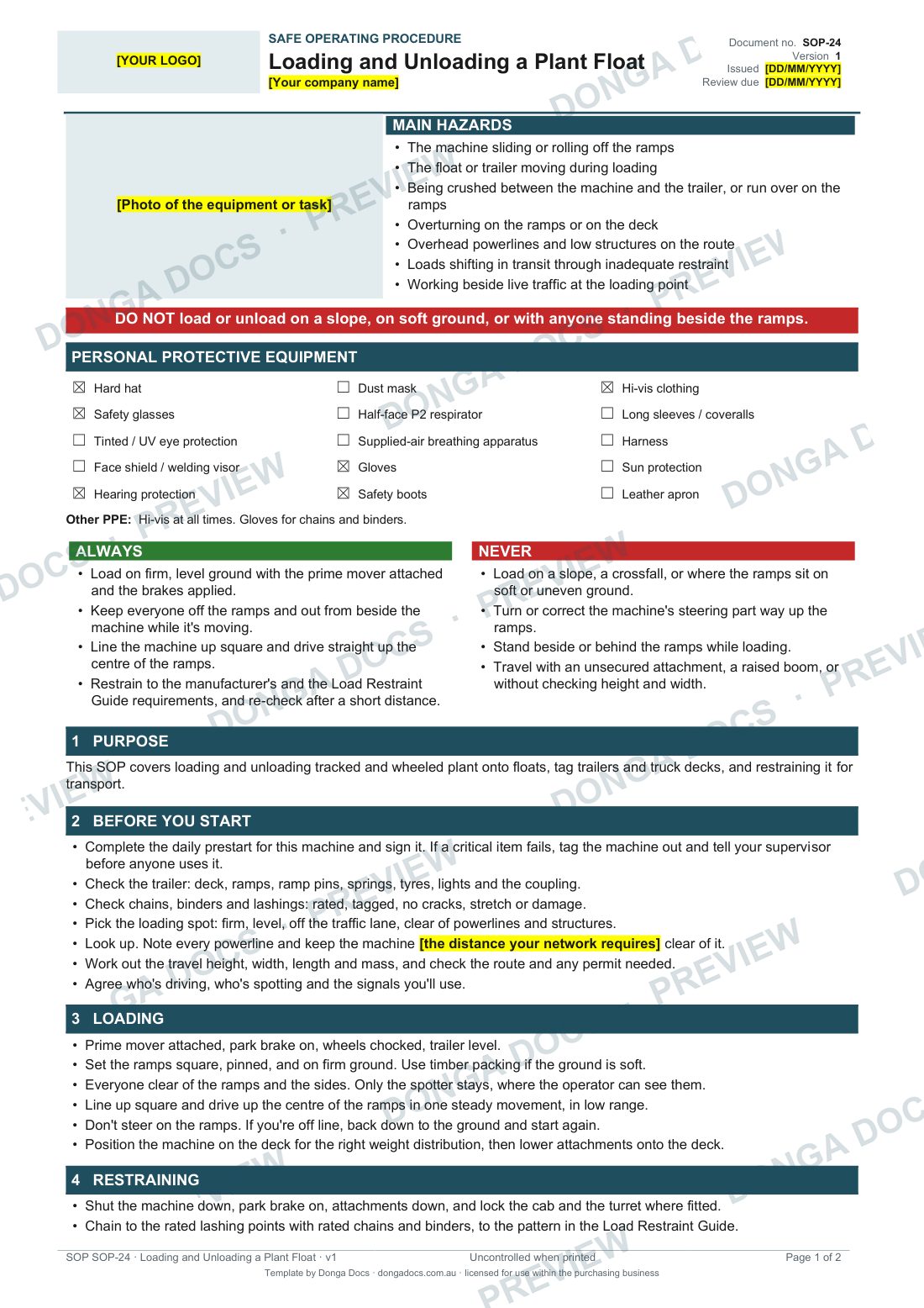 Preview of page 1 of the Loading and Unloading a Plant Float SOP